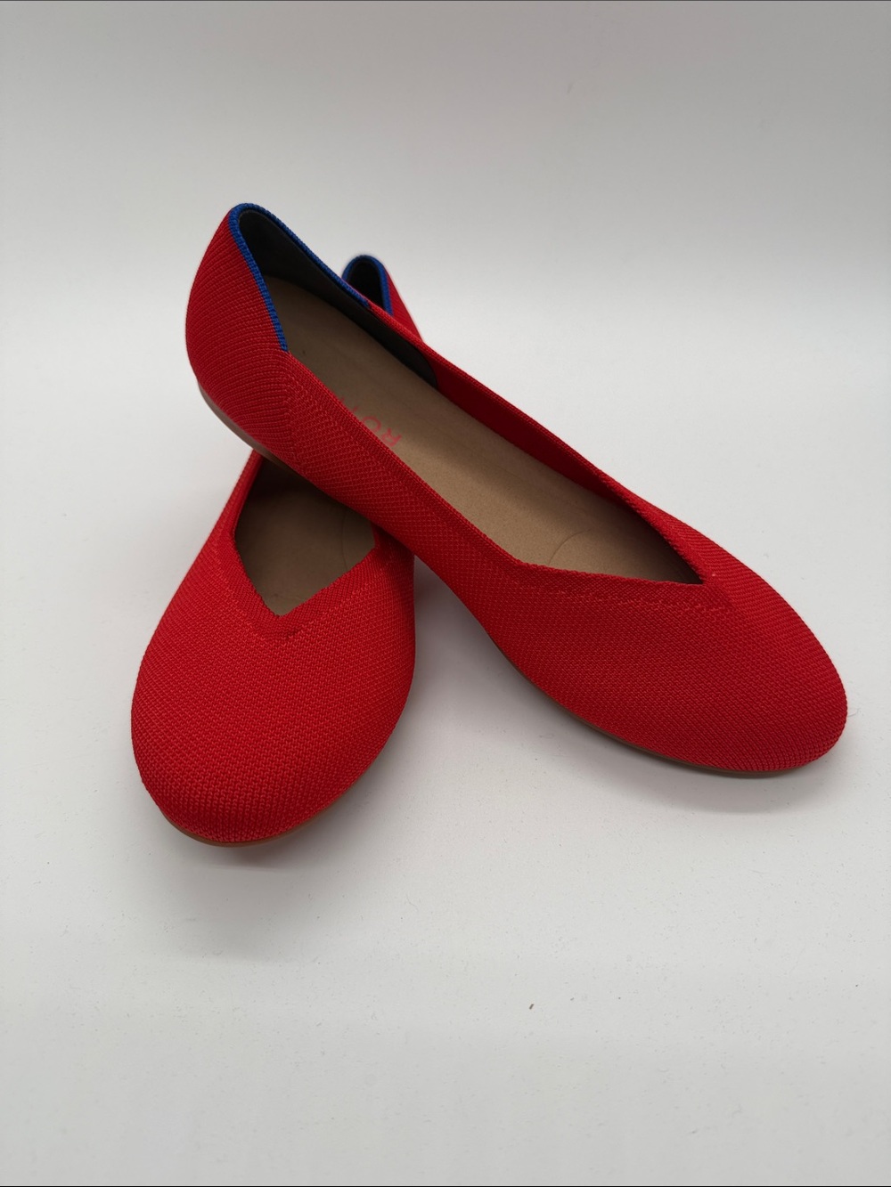 Rothy's Red Knit Ballet Flats with Blue Trim NWOT